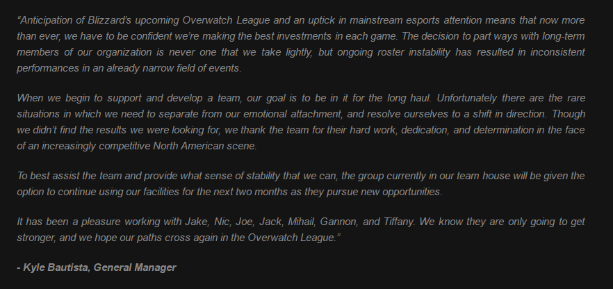 compLexity Gaming宣布解散OW分部