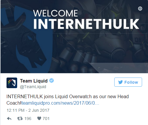 前EnVyUs教练INTERNETHULK加入Team Liquid