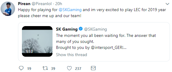 前SKT中单Pirean加入LEC队伍SK Gaming