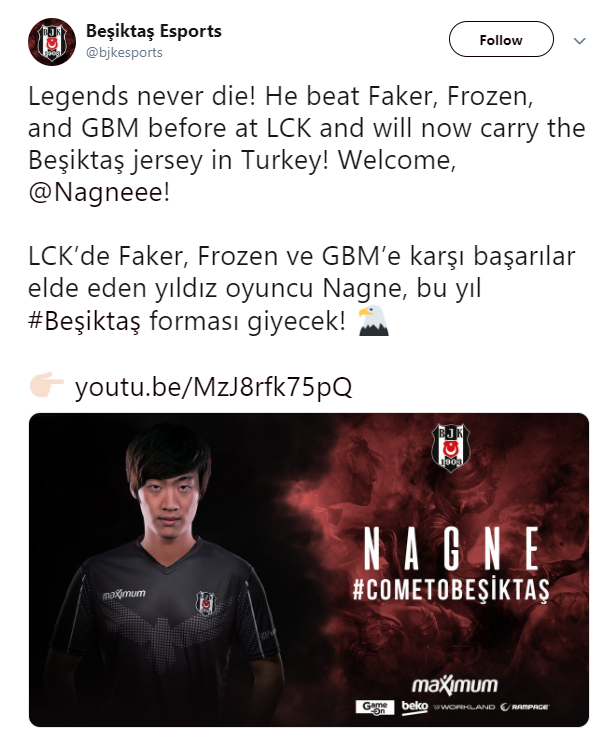 前KT中单Nagne加入土耳其联赛队伍Beşiktaş Esports