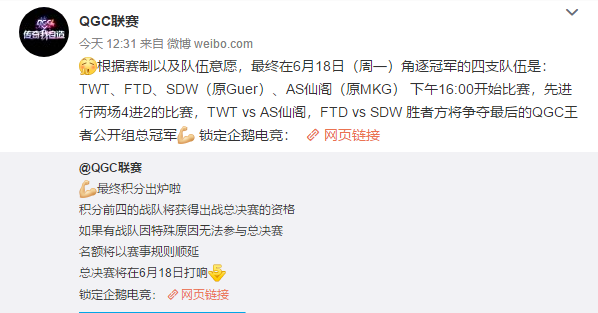 QGC联赛：TWT、FTD、SDW、AS仙阁将角逐冠军