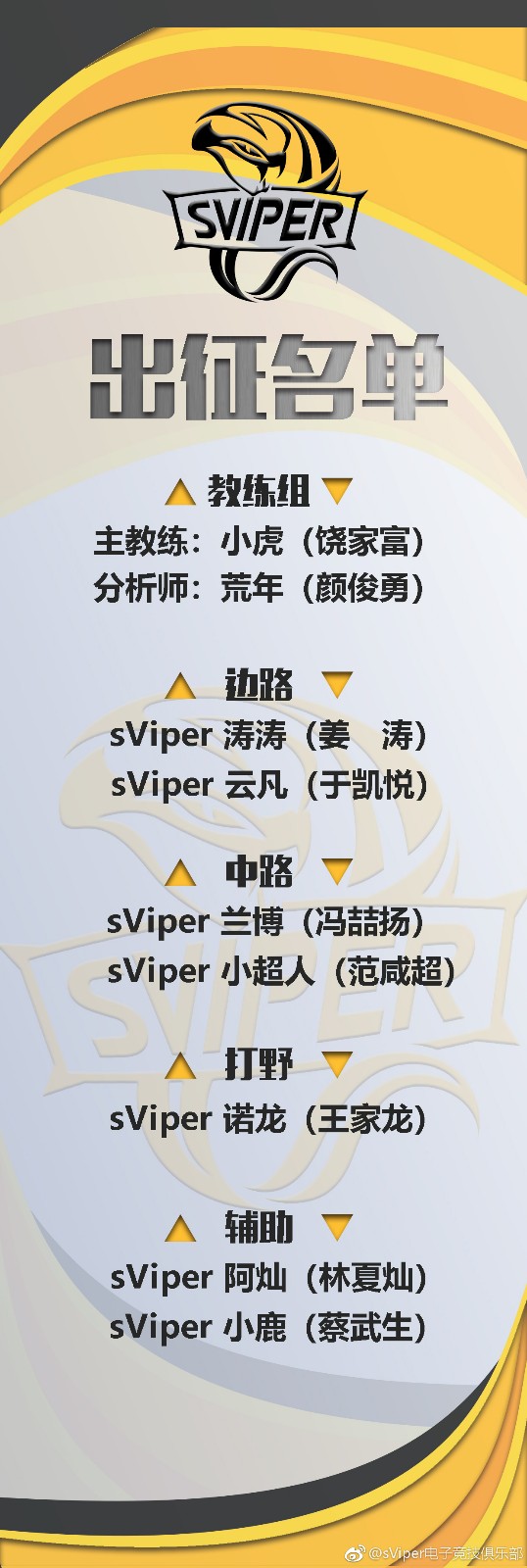 sViper公布新赛季战队大名单：兰博回归老东家，荒年转型分析师