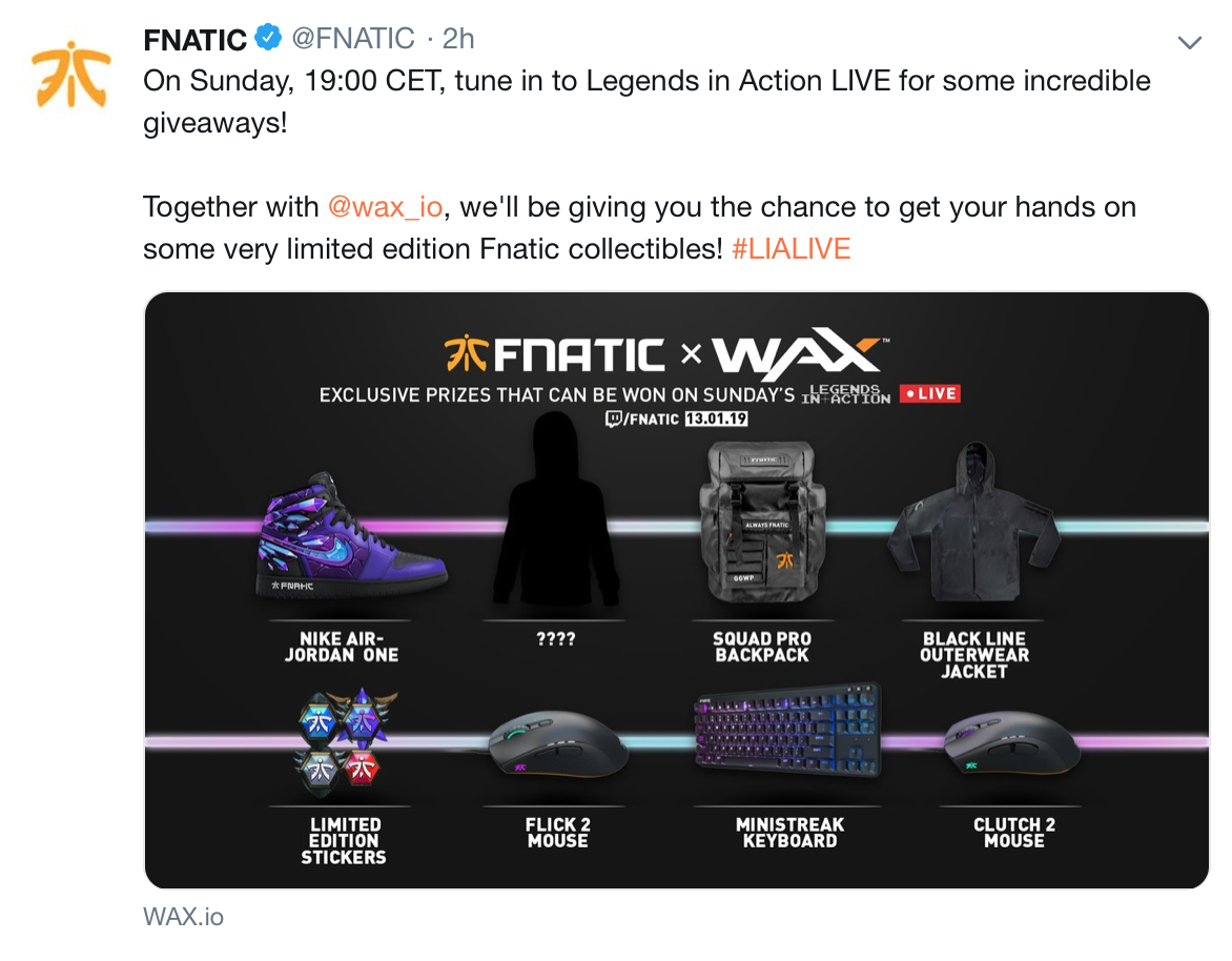 Fnatic官推与WAX合作：将在直播中推出限量版周边产品