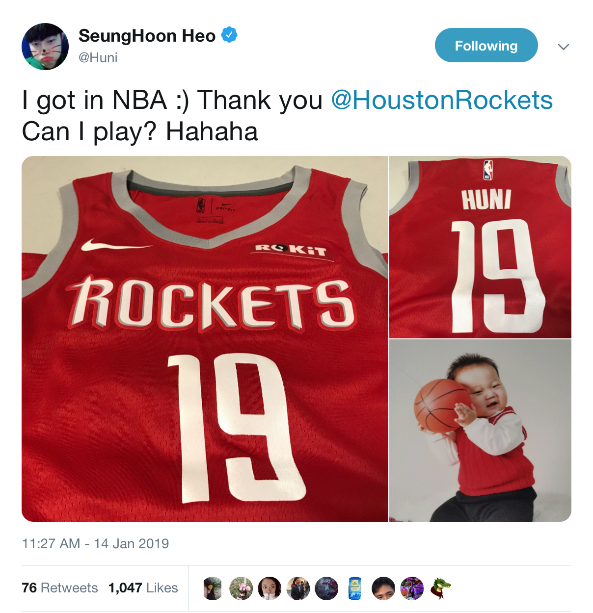 Huni更推：感谢休斯顿火箭队赠送的19号球衣