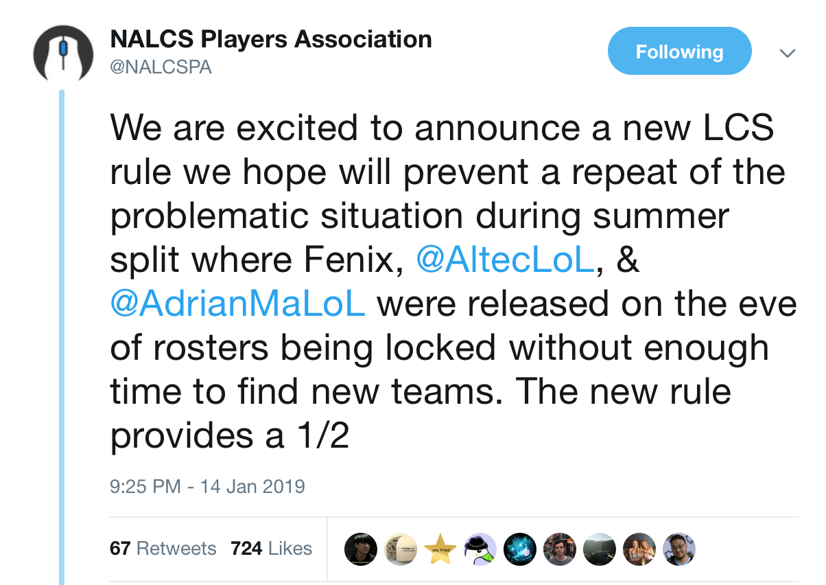 NA LCS选手联盟宣布新规定：为解约的选手延长寻找新队伍的时间