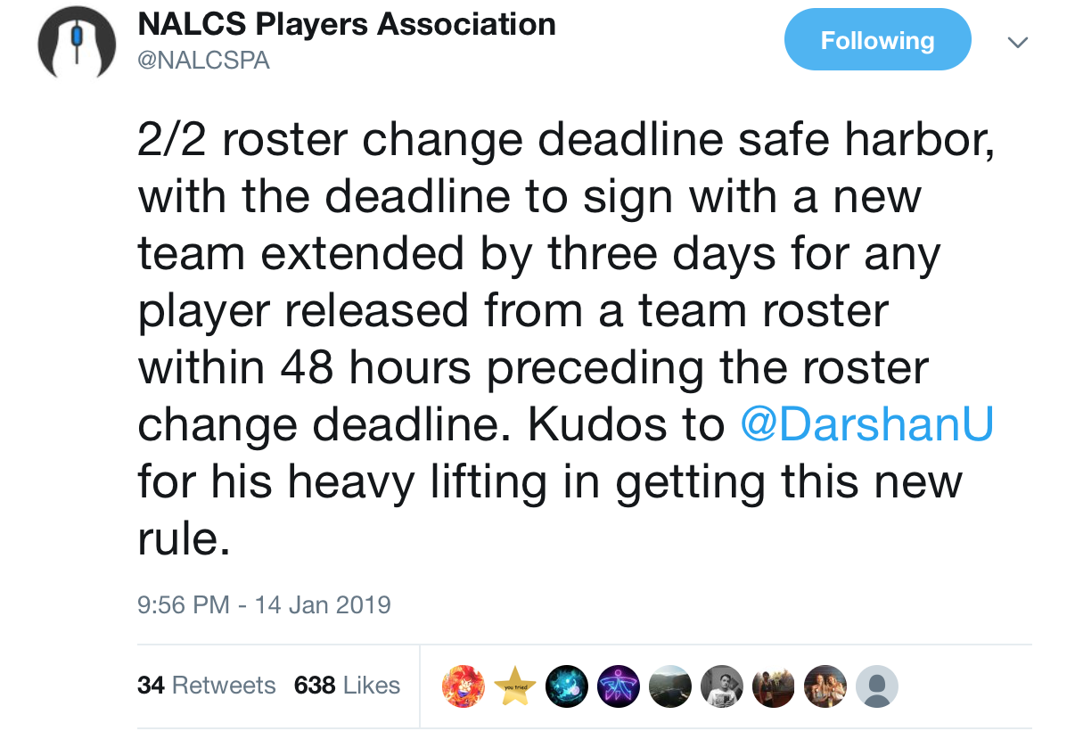 NA LCS选手联盟宣布新规定：为解约的选手延长寻找新队伍的时间