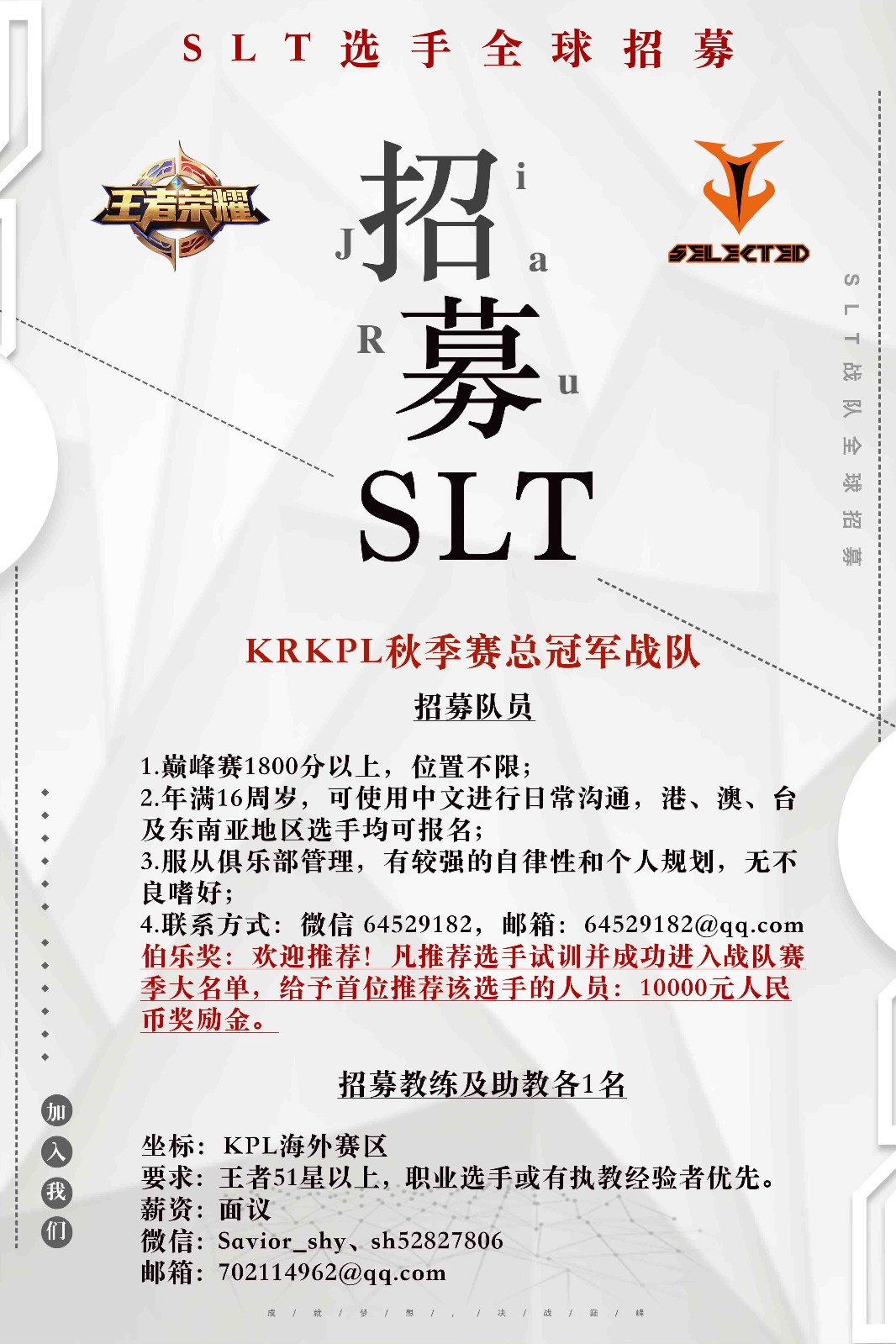 [选手招募] KRKPL秋季赛总冠军SLT战队正在招募选手
