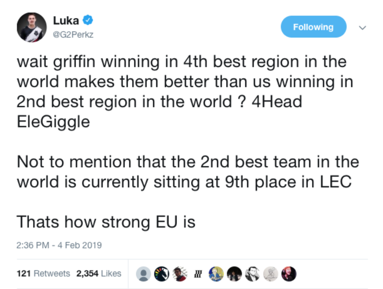 Perkz更推：Griffin在世界第四赛区排名第一为什么比我们强？