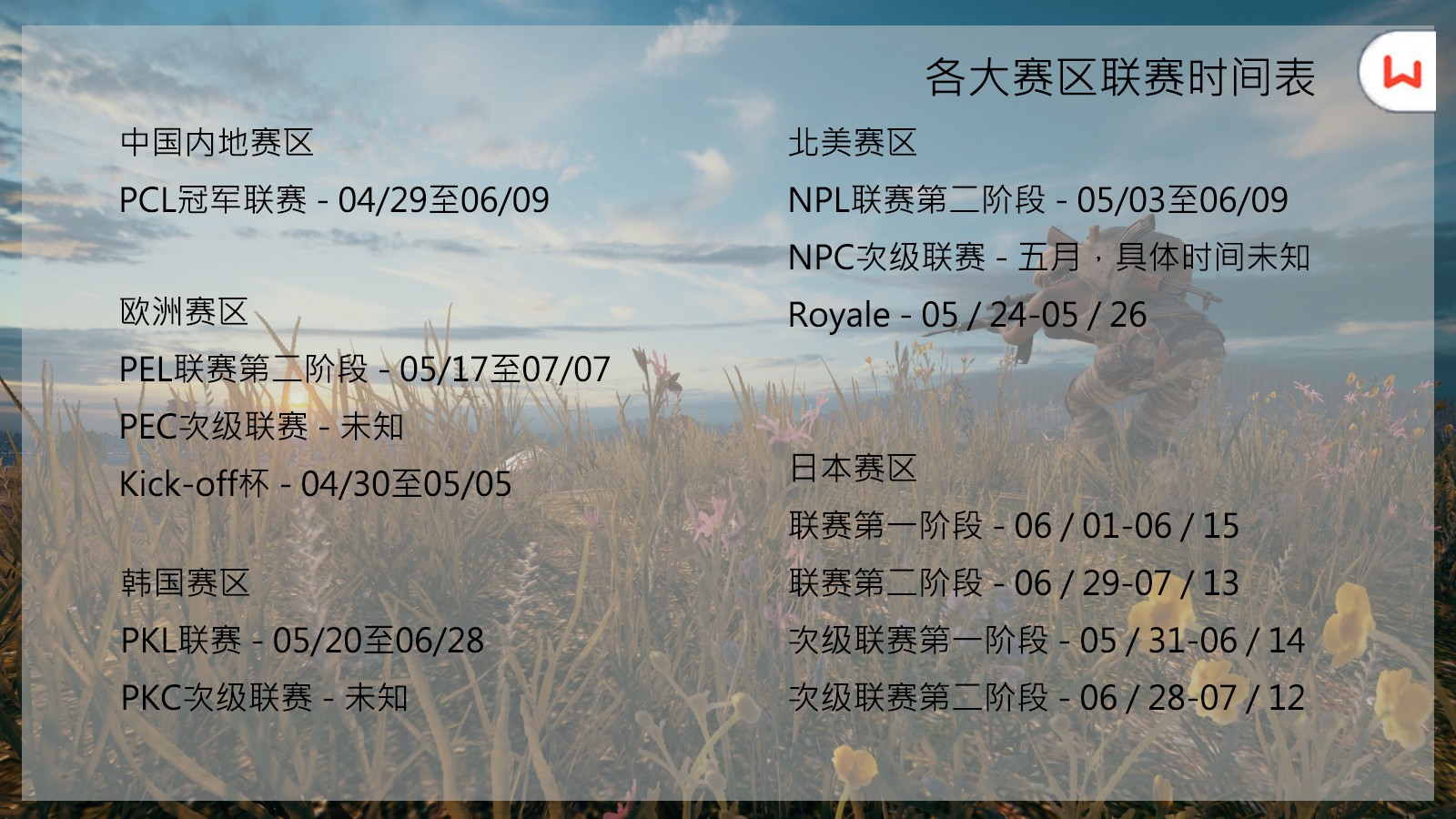 PUBG各大赛区联赛时间表