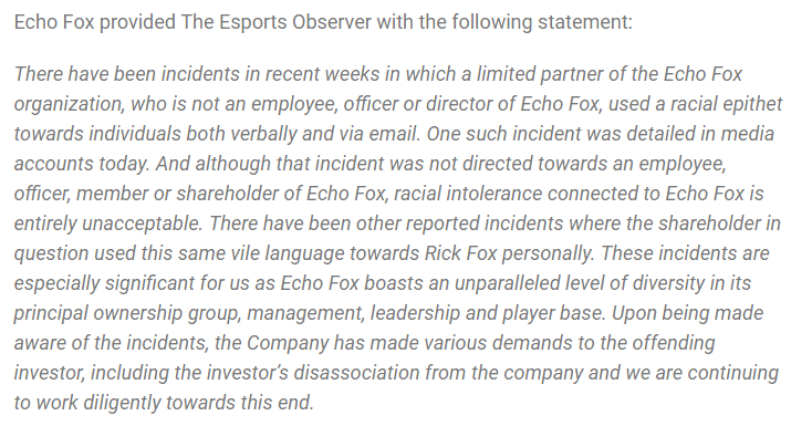 Rick Fox因其他股东涉嫌种族歧视言论决定离开Echo Fox