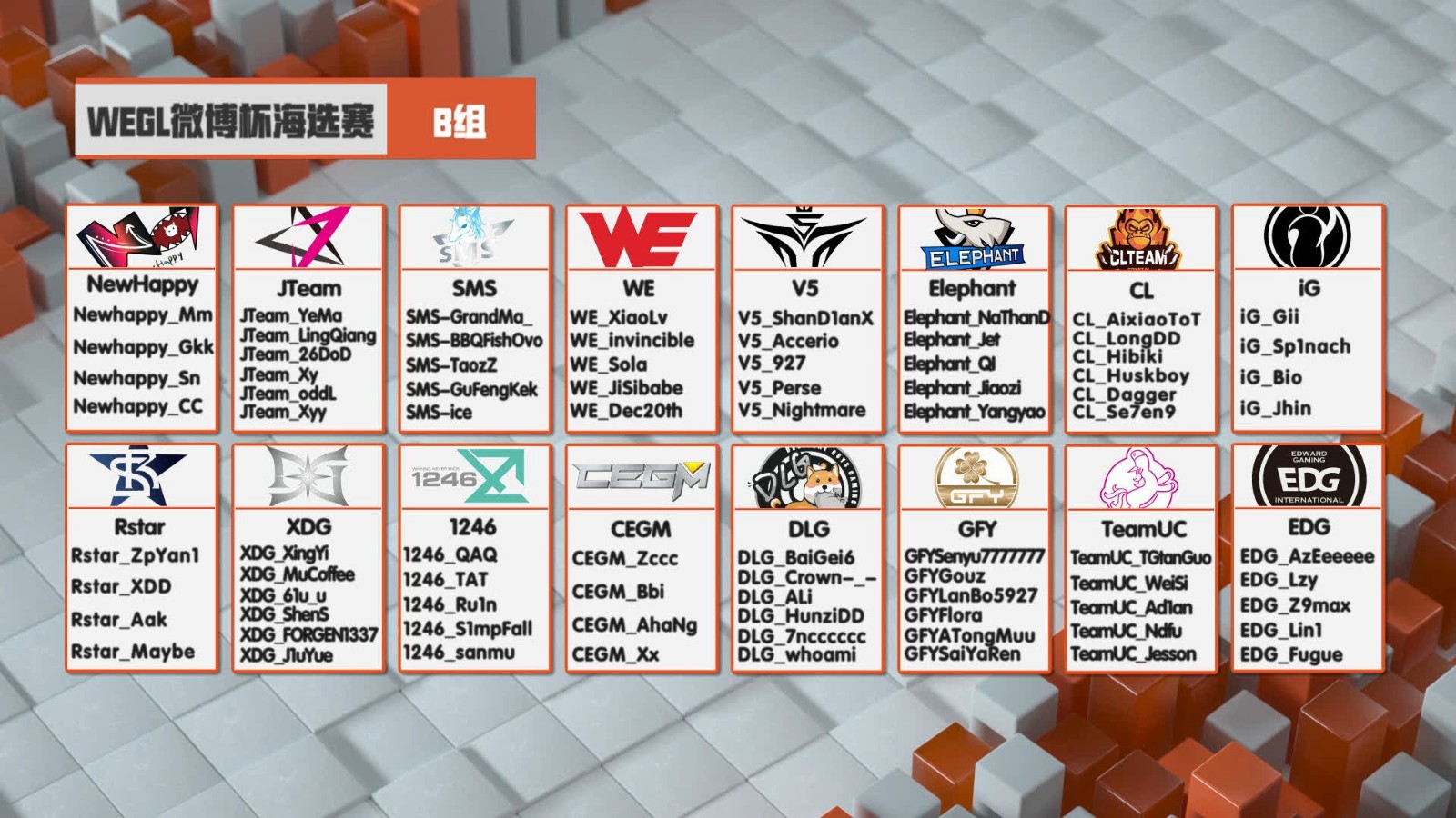 WEGL微博杯B组名单公布：XDD登场  iG战队重回PUBG