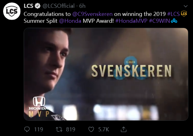 2019LCS夏季赛常规赛MVP：C9打野选手Svenskeren