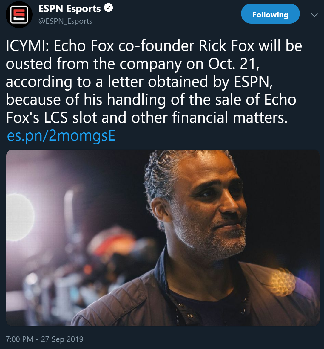 ESPN：Echo Fox联合创始人Rick Fox被撤职