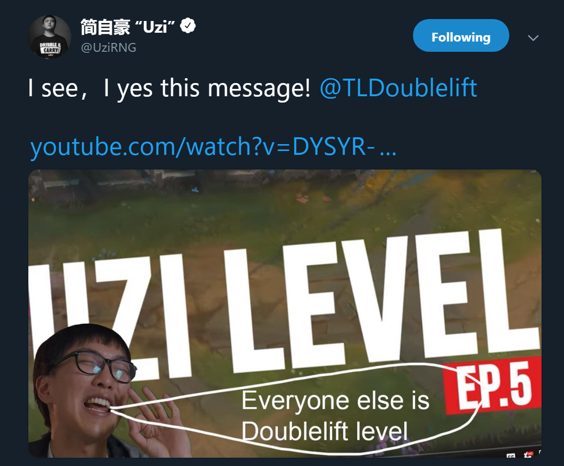 Doublelift获Uzi肯定：我的人生圆满了！