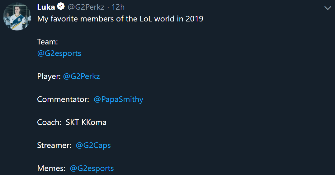 Perkz：最喜爱的2019全球英雄联盟选手是我本人