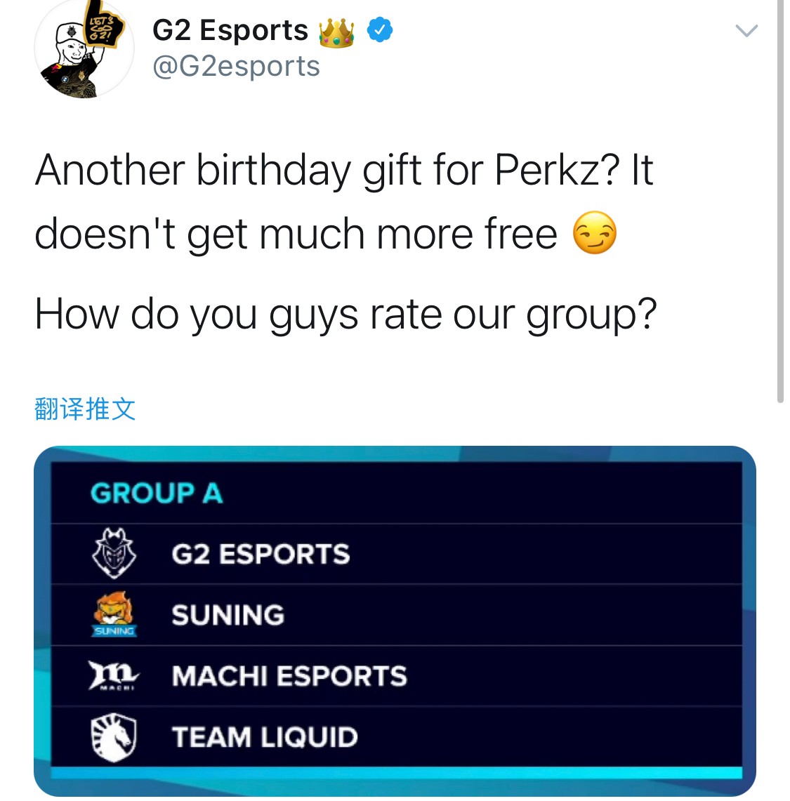 G2官推整活：这分组是给Perkz的另一个生日礼物吗