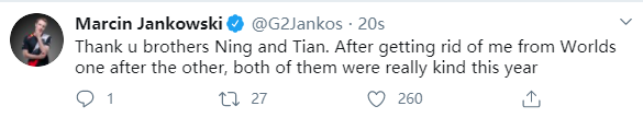 Jankos：谢谢Ning和Tian，今年终于肯对我们好点了