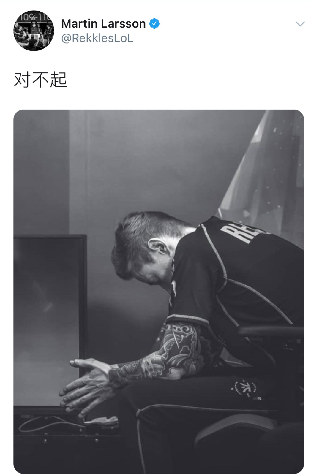 Rekkles更新中文推文：对不起