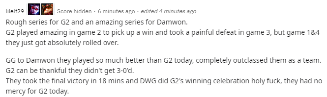 [Reddit热议DWG碾压G2] 欧洲创造两个纪录 决赛不会被3-0了