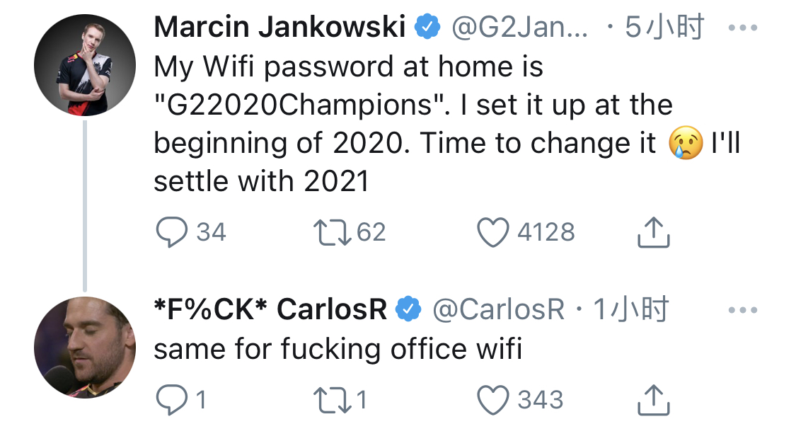 Jankos更推：我家的wifi密码是G22020Champions