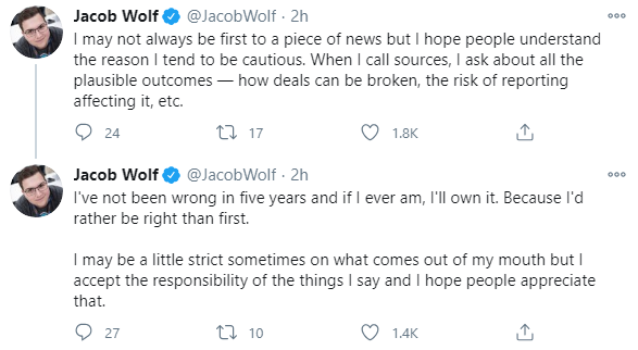 Jacob Wolf：我的爆料已经五年没出过错了