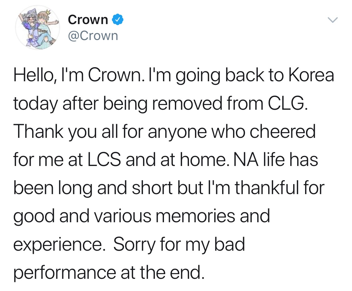 Crown皇冠哥更推告别LCS：很抱歉自己在CLG的糟糕表现