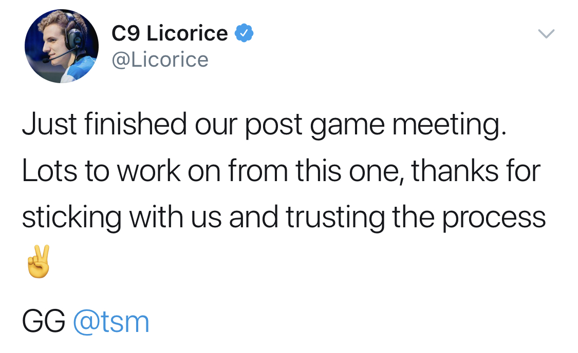 C9上单Licorice更新推特 浅谈本场失利