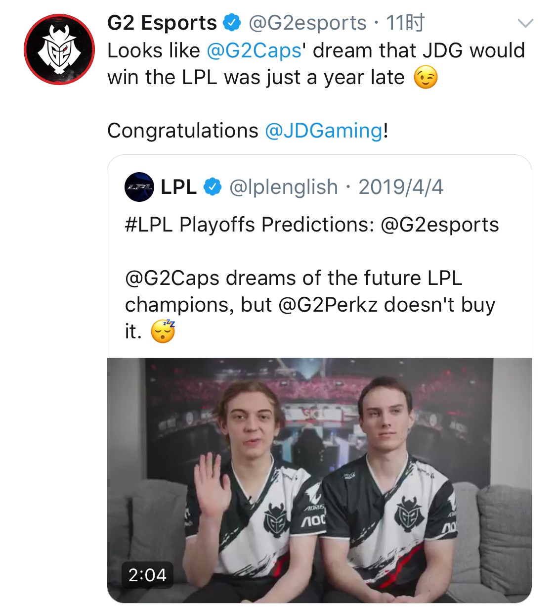 G2：Caps去年做的JDG夺冠的梦仅仅迟到了一年