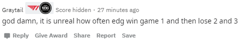 Reddit热议TES击败EDG：EDG第一局的胜率是100%