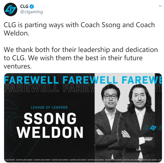 CLG官宣：教练Ssong及教练Weldon离开队伍