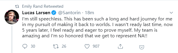 Santorin赛后发推：五年后重返世界赛 很荣幸代表NA
