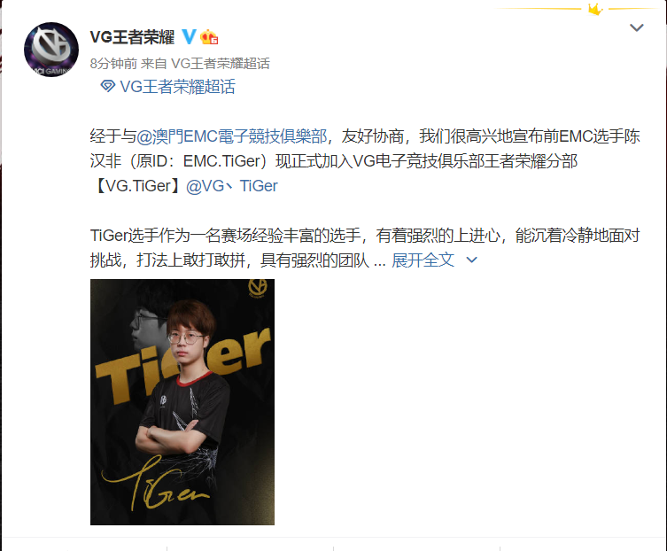 VG人员变动公告：前EMC选手TiGer正式加入VG