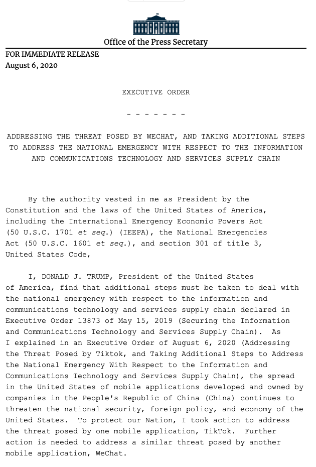 特朗普签署行政命令：45天后禁止与字节跳动及微信交易
