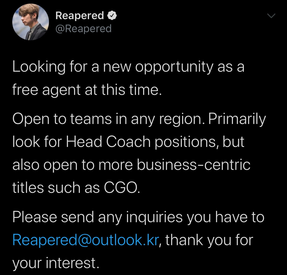 前C9教练Reapered求职：接受全球offer，考虑教练和商务岗位