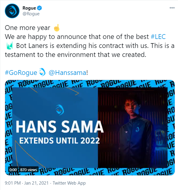 Rogue官推：下路选手Hans sama续约至2022年