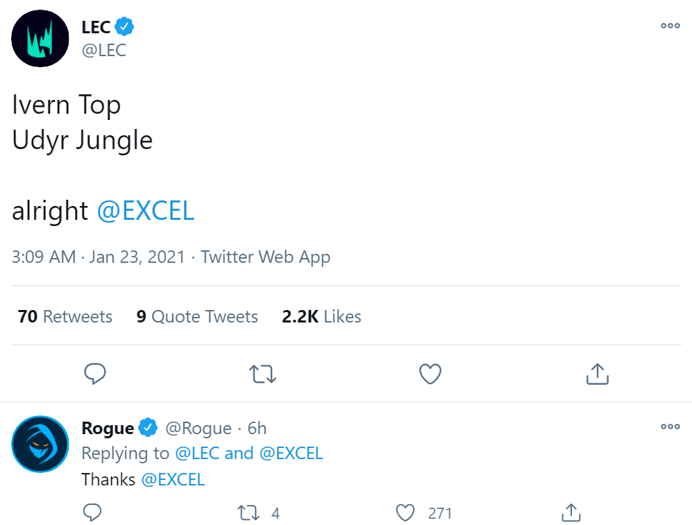 冷门套路未奏效 Excel面对Rogue选出上单艾翁打野乌迪尔