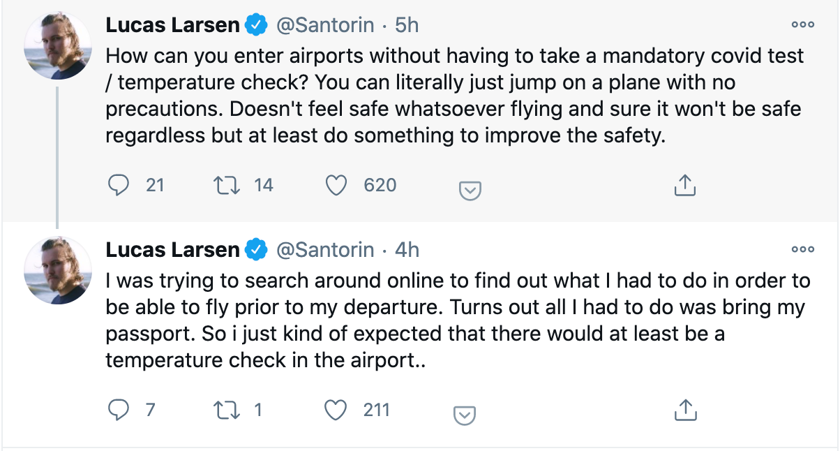 TL Santorin吐槽美国防疫不力：进机场连体温都不需要测