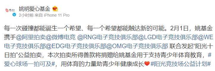 正能量 RNG等五家俱乐部参与姚基金公益拍卖