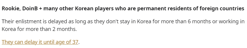 外网总结部分韩国选手兵役情况：Rookie Doinb或能推迟服役
