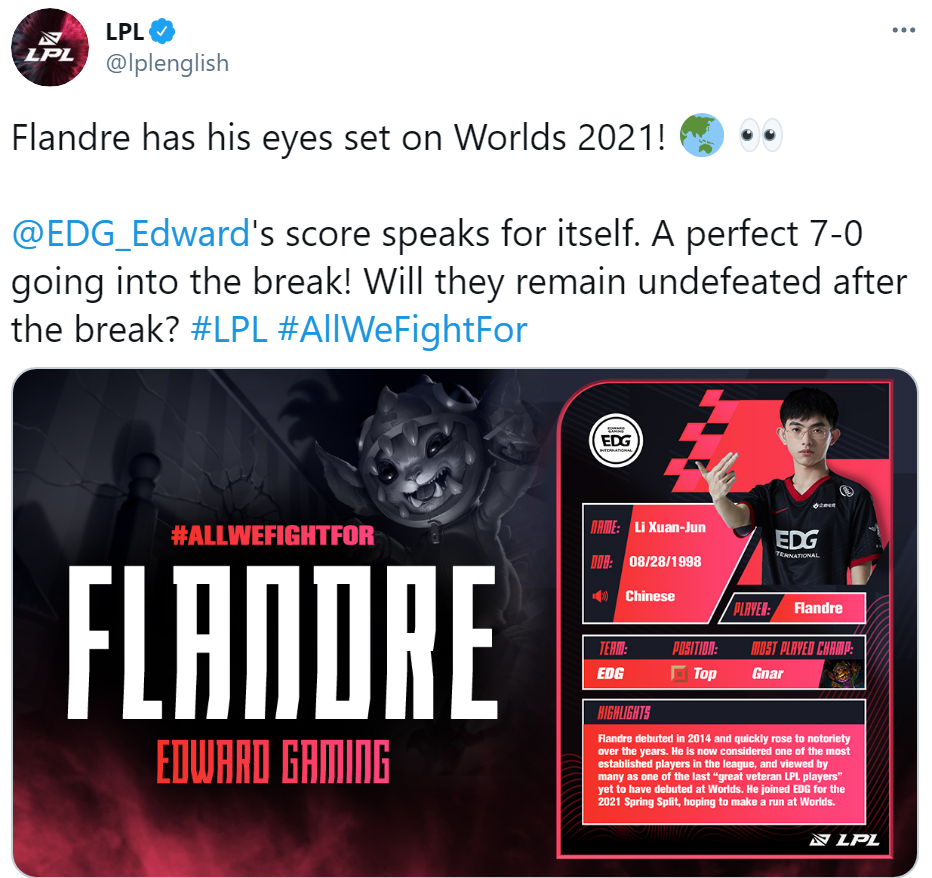 LPL英文流：Flandre已经把目光投向了2021全球总决赛