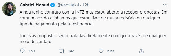 巴西圣僧Revolta个人社媒：宣布离开INTZ