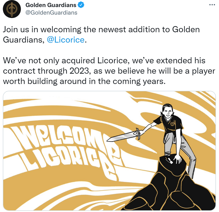 GG官宣：收购上单选手Licorice并与其续约至2023年