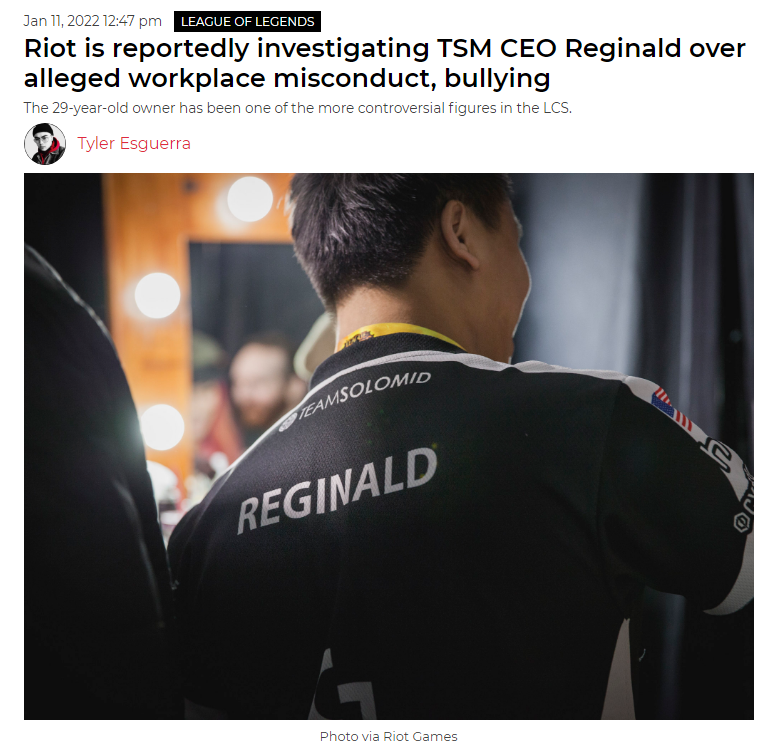 拳头正在调查TSM CEO Reginald不当行为和霸凌