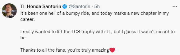 Santorin发文：我真的很想和TL一起举起LCS奖杯