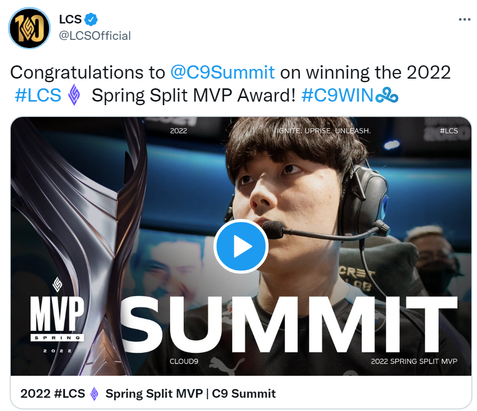 LCS官方：Summit当选LCS常规赛MVP