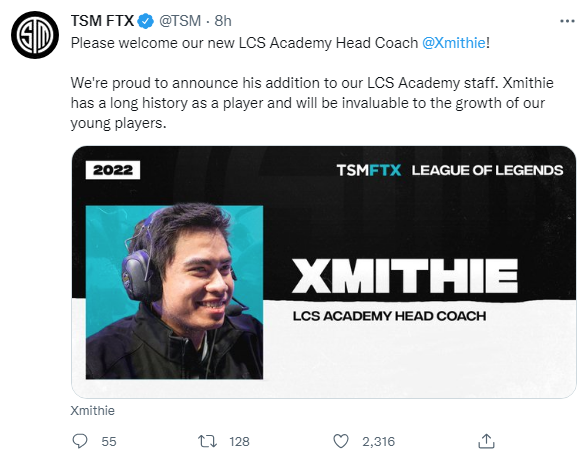 TSM官宣：Xmithie加入 担任学院队主教练