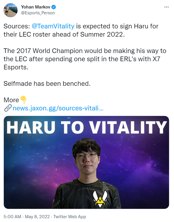外媒爆料：Haru可能加入VIT出战LEC夏季赛