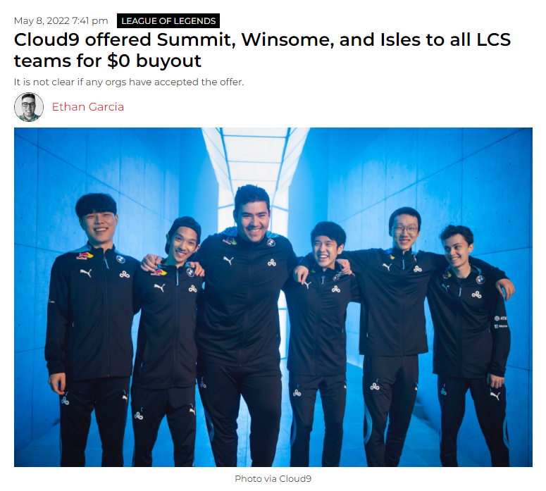 C9面向LCS队伍0转会费出售Summit、Winsome和Isles