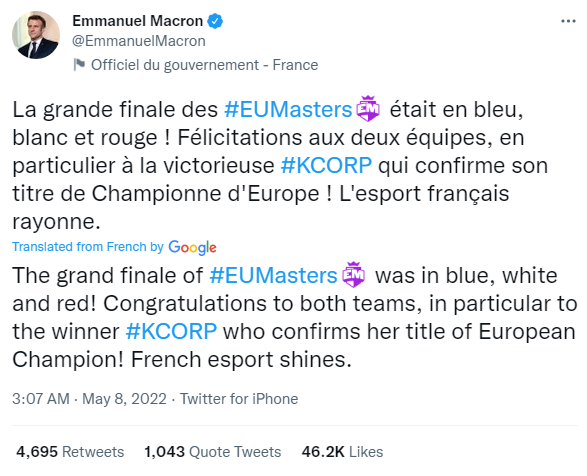 法国总统马克龙发推祝贺KC获得欧洲大师赛冠军