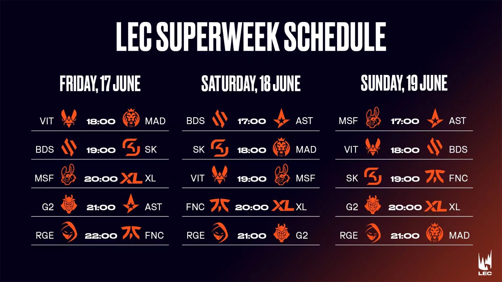 LEC官推发布首周赛程：将于6月17日开赛